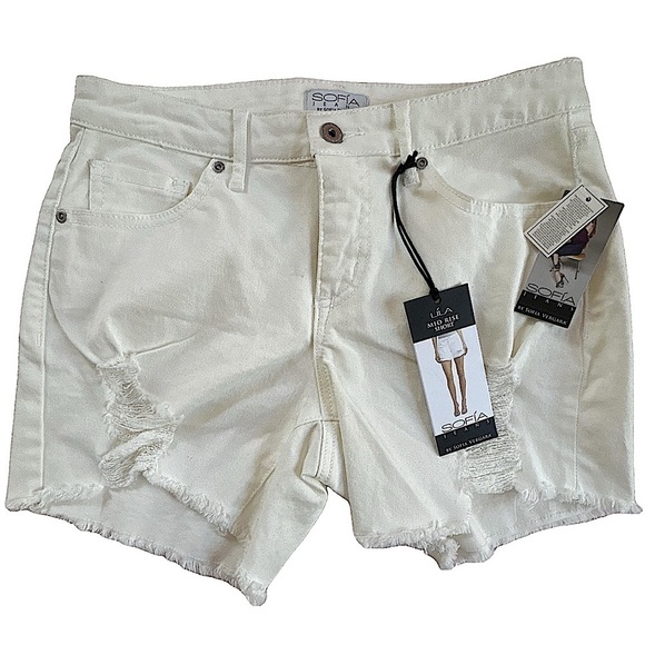sofia by sofia vergara Pants - Sofia Vergara Lila Mid-Rise raw hem simple distressed WHITE DENIM SHORTS NWT 2